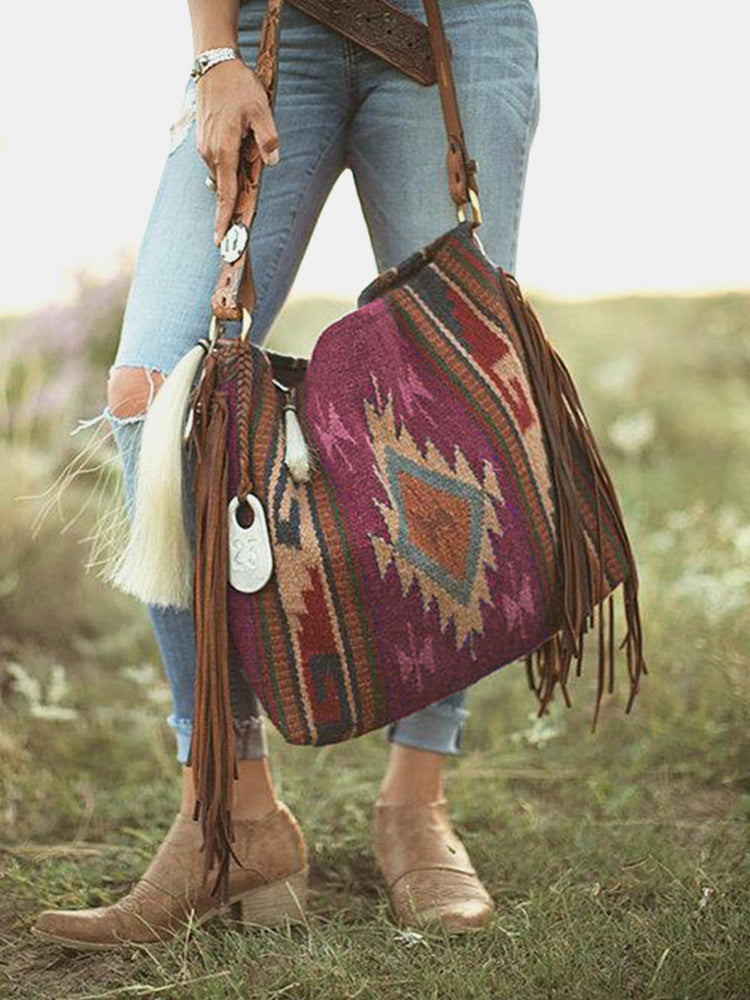 Comanche Moon Vintage Saddle Blanket Leather Fringe Tote Bag