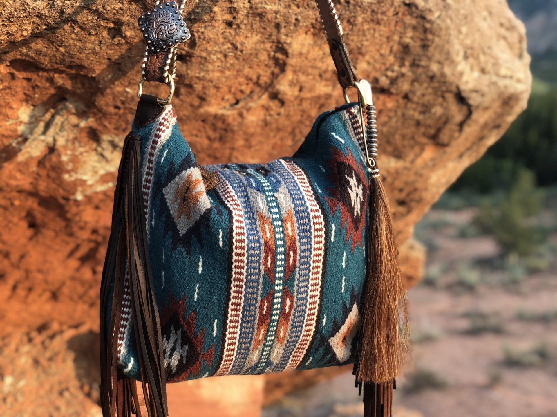 Comanche Moon Vintage Saddle Blanket Leather Fringe Tote Bag